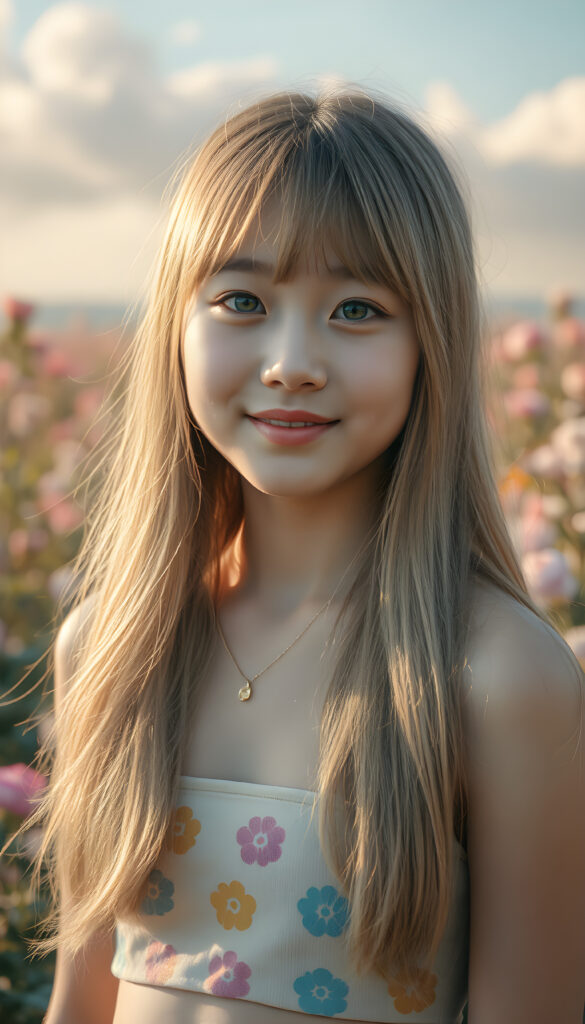 A radiant portrait of a young Korean girl with long, flowing blonde hair and soft bangs, her eyes sparkling with vibrant blue hues, adorned in a colorful crop top. She stands confidently in a whimsical, pastel-hued garden filled with blooming flowers, bathed in soft, golden sunlight. Her smile is warm and inviting, enhancing her youthful charm and beauty. The background features dreamy, pastel-colored clouds and gentle light beams, creating a serene and enchanting atmosphere.