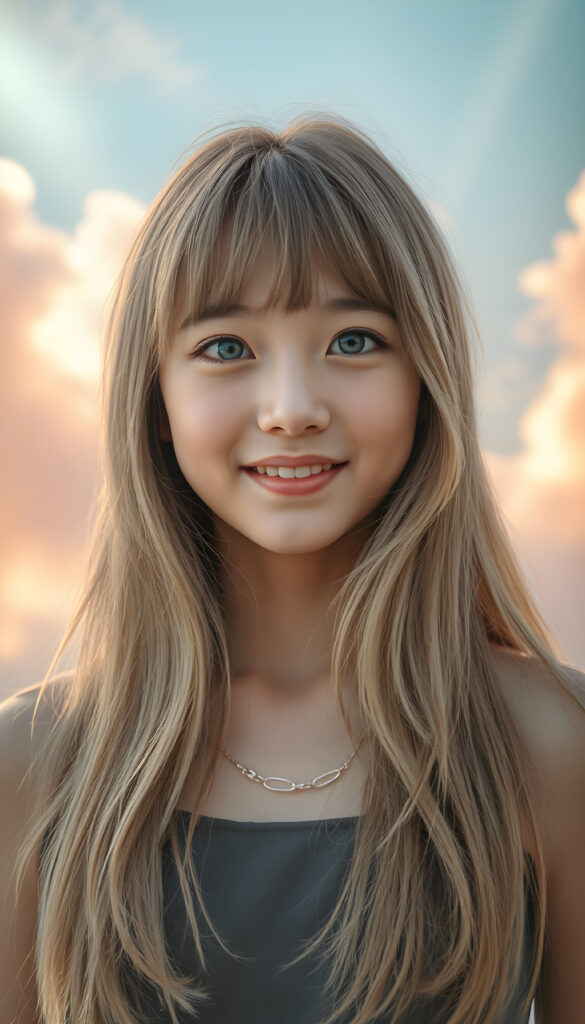 A radiant portrait of a young Korean girl with long, flowing blonde hair and soft bangs, her eyes sparkling with vibrant blue hues, adorned in a short crop top. Her smile is warm and inviting, enhancing her youthful charm and beauty. The background features dreamy, pastel-colored clouds and gentle light beams, creating a serene and enchanting atmosphere.