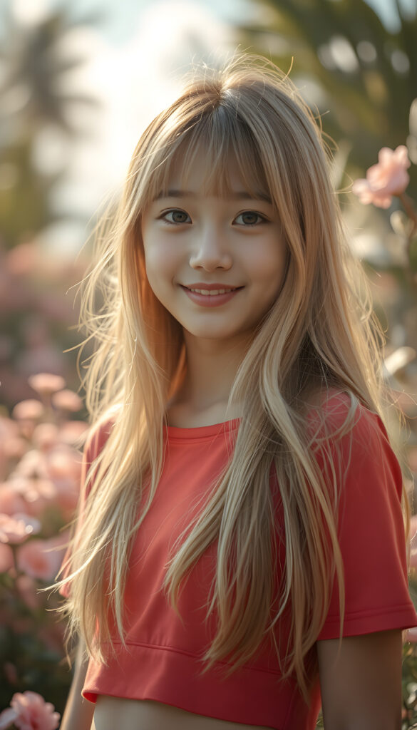 A radiant portrait of a young Korean girl with long, flowing blonde hair and soft bangs, her eyes sparkling with vibrant blue hues, adorned in a light red cropped top. She stands confidently in a whimsical, pastel-hued garden filled with blooming flowers, bathed in soft, golden sunlight. Her smile is warm and inviting, enhancing her youthful charm and beauty. The background features dreamy, pastel-colored clouds and gentle light beams, creating a serene and enchanting atmosphere.