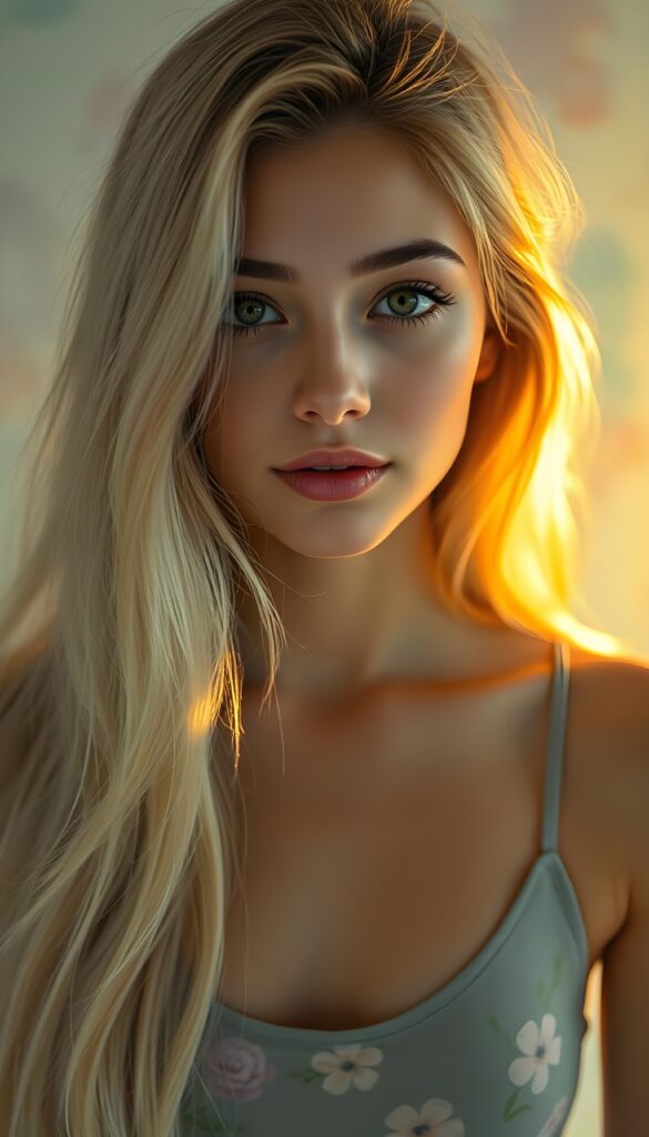 A radiant portrait of a young woman with cascading, long, and silky hair that shimmers with a soft, ethereal glow. Her face, bathed in a serene, golden light, features large, expressive eyes filled with wonder, accentuated by long, luscious lashes. Her lips are plush and full, curved into a subtle, inviting smile. She wears a chic, cropped tank top adorned with whimsical floral patterns, blending contemporary fashion with nature's allure. The background is a dreamy, abstract swirl of pastel hues, reminiscent of a soft watercolor painting, with soft, diffused lighting enhancing the ethereal ambiance. The scene captures a moment of youthful innocence and enchanting charm, inviting the viewer to engage with her captivating gaze.