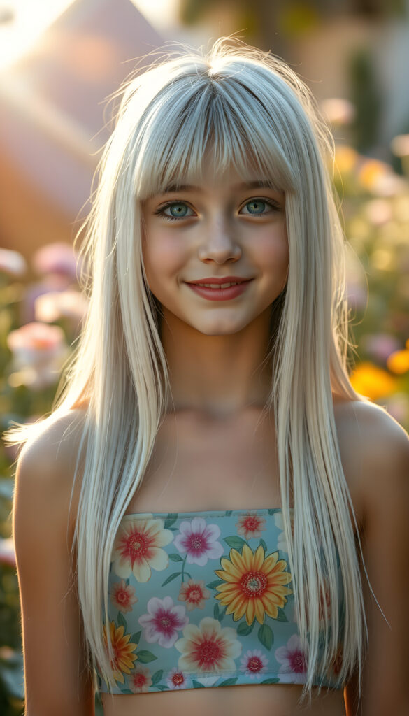 A radiant portrait of a young teenage girl with long, straight platinum white hair and soft bangs, her eyes sparkling with vibrant blue hues, adorned in a colorful flower pattern cropped tank top. She stands confidently in a whimsical, pastel-hued garden, bathed in soft, golden sunlight. Her smile is warm and inviting, enhancing her youthful charm and beauty. The background features dreamy, pastel-colored clouds and gentle light beams, creating a serene and enchanting atmosphere.