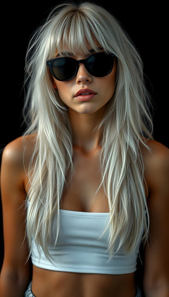A radiant portrait of a young, tanned teen girl with white, thick, voluminous, long jet straight hair and blond highlights cascading over her shoulders. Perfect bangs frame her round face. She has a small, delicate nose and full, natural lips. She wears black sunglasses. She wears a simple white thin cropped tank top that accentuates her feminine curves. All against a black backdrop.