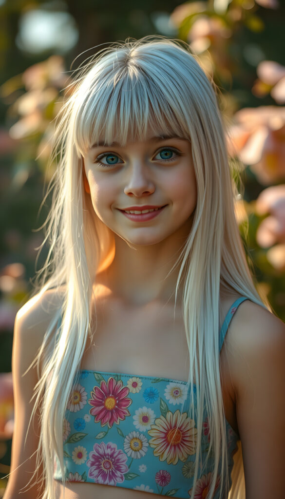 A radiant portrait of a young teenage girl with long, straight platinum white hair and soft bangs, her eyes sparkling with vibrant blue hues, adorned in a colorful flower pattern cropped tank top. She stands confidently in a whimsical, pastel-hued garden, bathed in soft, golden sunlight. Her smile is warm and inviting, enhancing her youthful charm and beauty. The background features dreamy, pastel-colored clouds and gentle light beams, creating a serene and enchanting atmosphere.