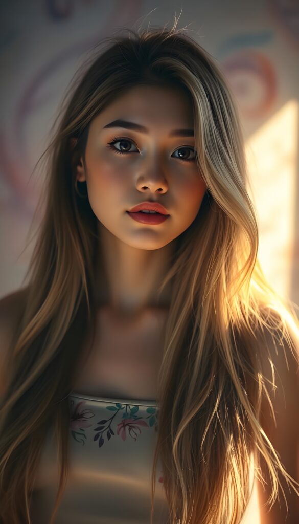 A radiant portrait of a young woman with cascading, long, and silky hair that shimmers with a soft, ethereal glow. Her face, bathed in a serene, golden light, features large, expressive eyes filled with wonder, accentuated by long, luscious lashes. Her lips are plush and full, curved into a subtle, inviting smile. She wears a chic, cropped tank top adorned with whimsical floral patterns, blending contemporary fashion with nature's allure. The background is a dreamy, abstract swirl of pastel hues, reminiscent of a soft watercolor painting, with soft, diffused lighting enhancing the ethereal ambiance. The scene captures a moment of youthful innocence and enchanting charm, inviting the viewer to engage with her captivating gaze.