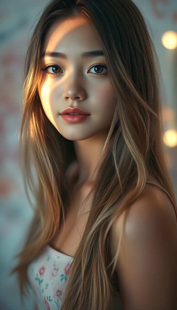 A radiant portrait of a young woman with cascading, long, and silky hair that shimmers with a soft, ethereal glow. Her face, bathed in a serene, golden light, features large, expressive eyes filled with wonder, accentuated by long, luscious lashes. Her lips are plush and full, curved into a subtle, inviting smile. She wears a chic, cropped tank top adorned with whimsical floral patterns, blending contemporary fashion with nature's allure. The background is a dreamy, abstract swirl of pastel hues, reminiscent of a soft watercolor painting, with soft, diffused lighting enhancing the ethereal ambiance. The scene captures a moment of youthful innocence and enchanting charm, inviting the viewer to engage with her captivating gaze.
