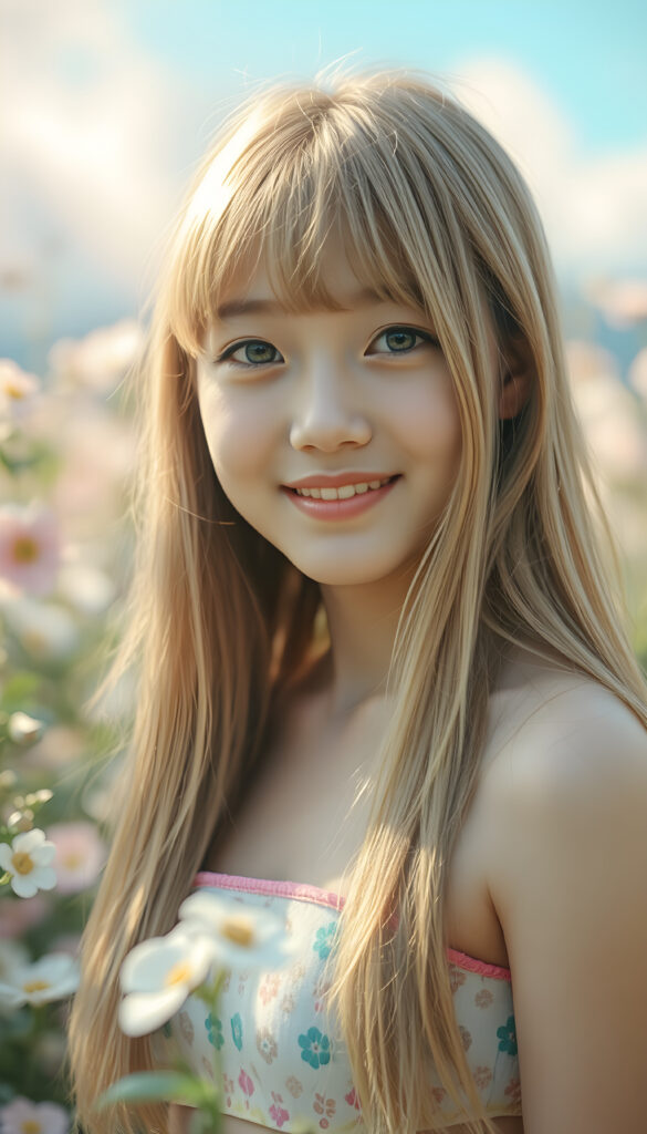 A radiant portrait of a young Korean girl with long, flowing blonde hair and soft bangs, her eyes sparkling with vibrant blue hues, adorned in a colorful crop top. She stands confidently in a whimsical, pastel-hued garden filled with blooming flowers, bathed in soft, golden sunlight. Her smile is warm and inviting, enhancing her youthful charm and beauty. The background features dreamy, pastel-colored clouds and gentle light beams, creating a serene and enchanting atmosphere.