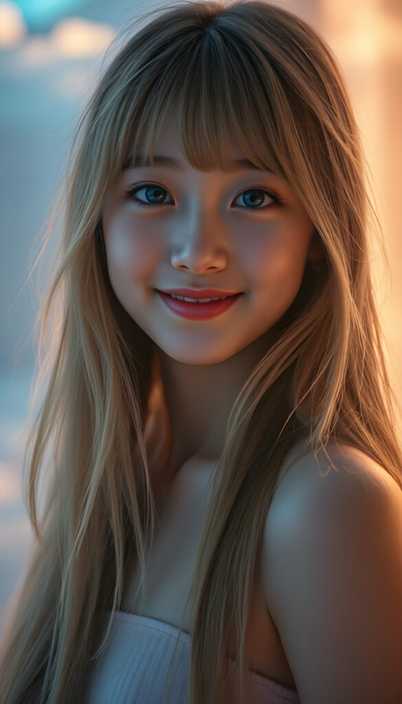 A radiant portrait of a young Korean girl with long, flowing blonde hair and soft bangs, her eyes sparkling with vibrant blue hues, adorned in a short crop top. Her smile is warm and inviting, enhancing her youthful charm and beauty. The background features dreamy, pastel-colored clouds and gentle light beams, creating a serene and enchanting atmosphere.