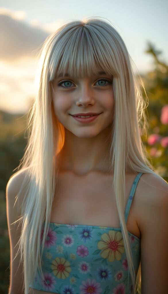 A radiant portrait of a young teenage girl with long, straight platinum white hair and soft bangs, her eyes sparkling with vibrant blue hues, adorned in a colorful flower pattern cropped tank top. She stands confidently in a whimsical, pastel-hued garden, bathed in soft, golden sunlight. Her smile is warm and inviting, enhancing her youthful charm and beauty. The background features dreamy, pastel-colored clouds and gentle light beams, creating a serene and enchanting atmosphere.