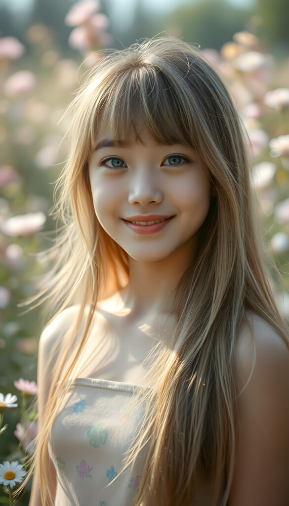 A radiant portrait of a young Korean girl with long, flowing blonde hair and soft bangs, her eyes sparkling with vibrant blue hues, adorned in a colorful crop top. She stands confidently in a whimsical, pastel-hued garden filled with blooming flowers, bathed in soft, golden sunlight. Her smile is warm and inviting, enhancing her youthful charm and beauty. The background features dreamy, pastel-colored clouds and gentle light beams, creating a serene and enchanting atmosphere.