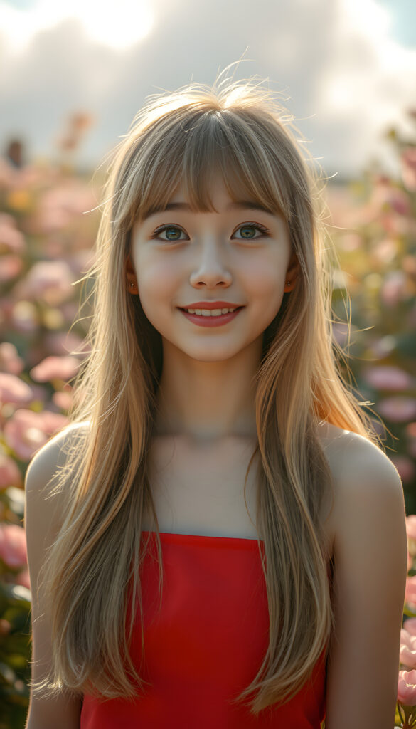 A radiant portrait of a young Korean girl with long, flowing blonde hair and soft bangs, her eyes sparkling with vibrant blue hues, adorned in a light red cropped top. She stands confidently in a whimsical, pastel-hued garden filled with blooming flowers, bathed in soft, golden sunlight. Her smile is warm and inviting, enhancing her youthful charm and beauty. The background features dreamy, pastel-colored clouds and gentle light beams, creating a serene and enchanting atmosphere.