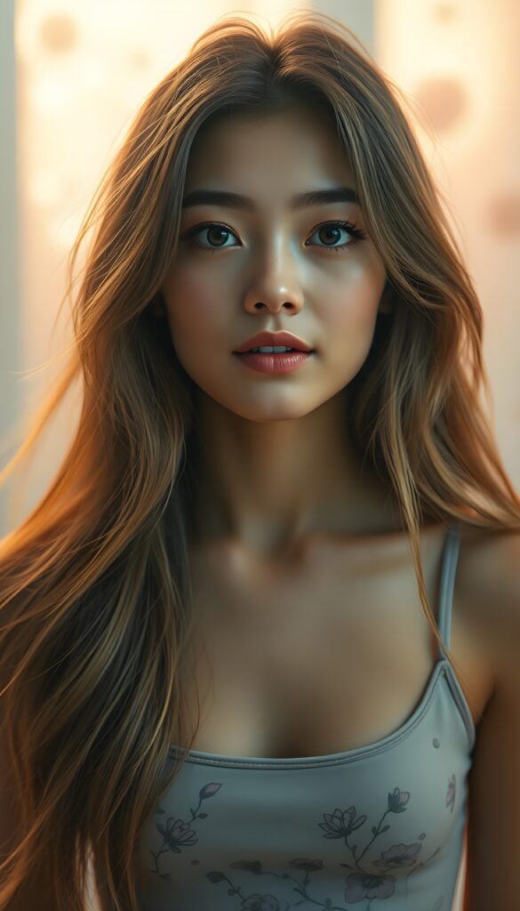 A radiant portrait of a young woman with cascading, long, and silky hair that shimmers with a soft, ethereal glow. Her face, bathed in a serene, golden light, features large, expressive eyes filled with wonder, accentuated by long, luscious lashes. Her lips are plush and full, curved into a subtle, inviting smile. She wears a chic, cropped tank top adorned with whimsical floral patterns, blending contemporary fashion with nature's allure. The background is a dreamy, abstract swirl of pastel hues, reminiscent of a soft watercolor painting, with soft, diffused lighting enhancing the ethereal ambiance. The scene captures a moment of youthful innocence and enchanting charm, inviting the viewer to engage with her captivating gaze.