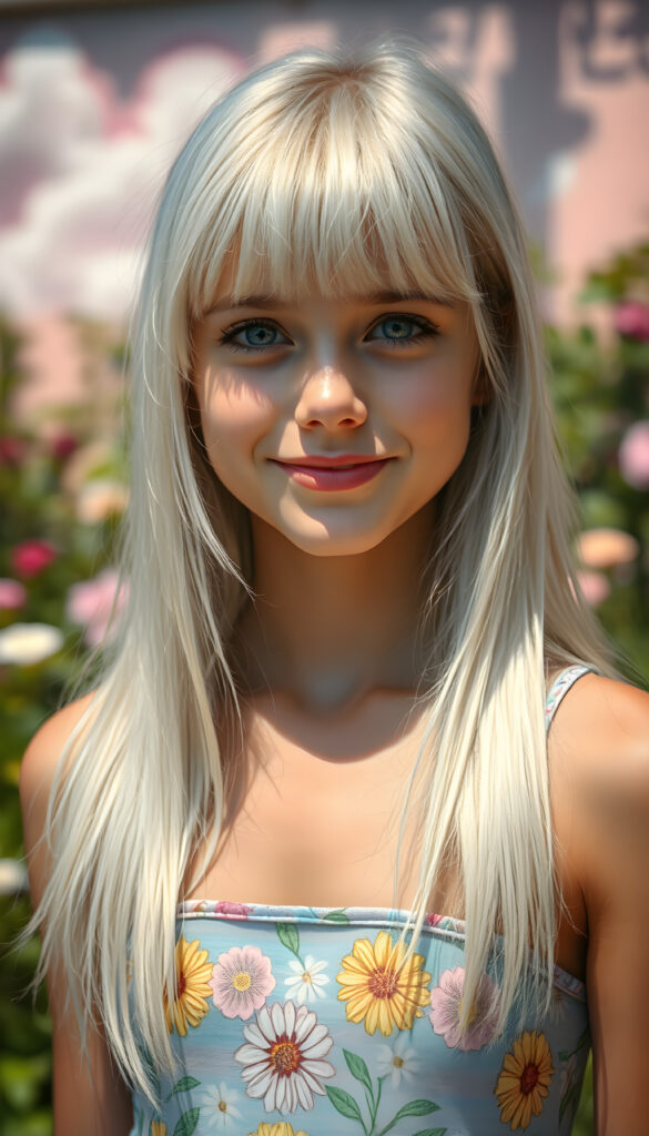 A radiant portrait of a young teenage girl with long, straight platinum white hair and soft bangs, her eyes sparkling with vibrant blue hues, adorned in a colorful flower pattern cropped tank top. She stands confidently in a whimsical, pastel-hued garden, bathed in soft, golden sunlight. Her smile is warm and inviting, enhancing her youthful charm and beauty. The background features dreamy, pastel-colored clouds and gentle light beams, creating a serene and enchanting atmosphere.