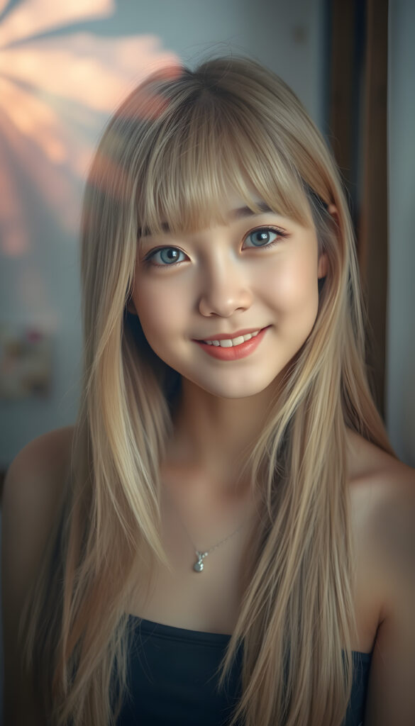 A radiant portrait of a young Korean girl with long, flowing blonde hair and soft bangs, her eyes sparkling with vibrant blue hues, adorned in a short crop top. Her smile is warm and inviting, enhancing her youthful charm and beauty. The background features dreamy, pastel-colored clouds and gentle light beams, creating a serene and enchanting atmosphere.
