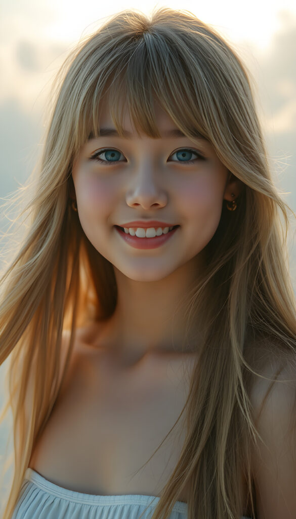 A radiant portrait of a young Korean girl with long, flowing blonde hair and soft bangs, her eyes sparkling with vibrant blue hues, adorned in a short crop top. Her smile is warm and inviting, enhancing her youthful charm and beauty. The background features dreamy, pastel-colored clouds and gentle light beams, creating a serene and enchanting atmosphere.