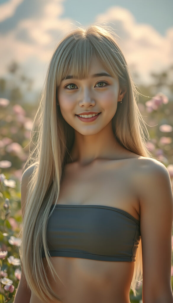 A radiant portrait of a young well busty Korean girl with long, super straight fine blonde hair and soft bangs, her eyes sparkling with vibrant blue hues, adorned in a tight cropped tank top, deep neck. She stands confidently in a whimsical, pastel-hued garden filled with blooming flowers, bathed in soft, golden sunlight. Her smile is warm and inviting, enhancing her youthful charm and beauty. The background features dreamy, pastel-colored clouds and gentle light beams, creating a serene and enchanting atmosphere.