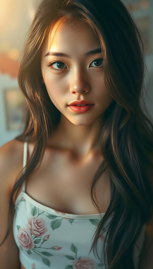 A radiant portrait of a young woman with cascading, long, and silky hair that shimmers with a soft, ethereal glow. Her face, bathed in a serene, golden light, features large, expressive eyes filled with wonder, accentuated by long, luscious lashes. Her lips are plush and full, curved into a subtle, inviting smile. She wears a chic, cropped tank top adorned with whimsical floral patterns, blending contemporary fashion with nature's allure. The background is a dreamy, abstract swirl of pastel hues, reminiscent of a soft watercolor painting, with soft, diffused lighting enhancing the ethereal ambiance. The scene captures a moment of youthful innocence and enchanting charm, inviting the viewer to engage with her captivating gaze.