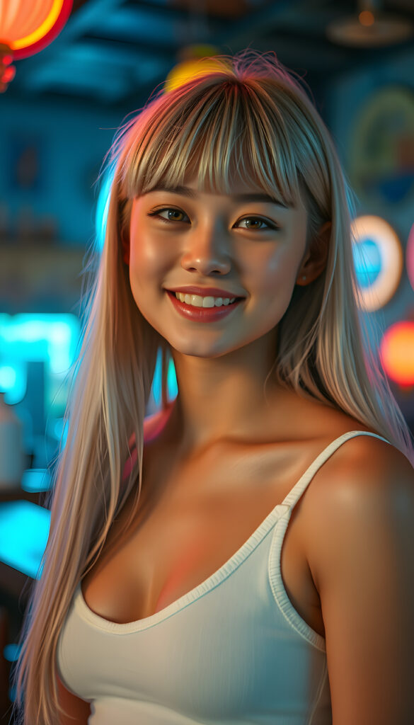 A radiant, whimsical scene featuring a cheerful teenage girl with charming bangs and an elegant silhouette. Her ultra-realistic face, adorned with sparkling amber eyes and a gentle smile, reveals her white teeth. Her long, straight, open soft white hair cascades down gracefully. She wears a crisp white tank top with a deep neckline, enhancing her fresh and youthful appearance. The image is richly saturated, with deep shadows and ultra-high resolution, creating a stunning masterpiece that captures the essence of innocence and beauty. The composition is dynamic, with a playful twist on perspective, showcasing her from a side angle against a vibrant, glowing backdrop in a retro bar