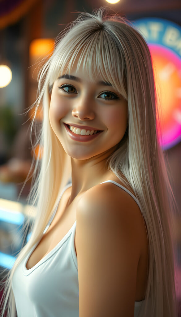 A radiant, whimsical scene featuring a cheerful teenage girl with charming bangs and an elegant silhouette. Her ultra-realistic face, adorned with sparkling amber eyes and a gentle smile, reveals her white teeth. Her long, straight, open soft white hair cascades down gracefully. She wears a crisp white tank top with a deep neckline, enhancing her fresh and youthful appearance. The image is richly saturated, with deep shadows and ultra-high resolution, creating a stunning masterpiece that captures the essence of innocence and beauty. The composition is dynamic, with a playful twist on perspective, showcasing her from a side angle against a vibrant, glowing backdrop.
