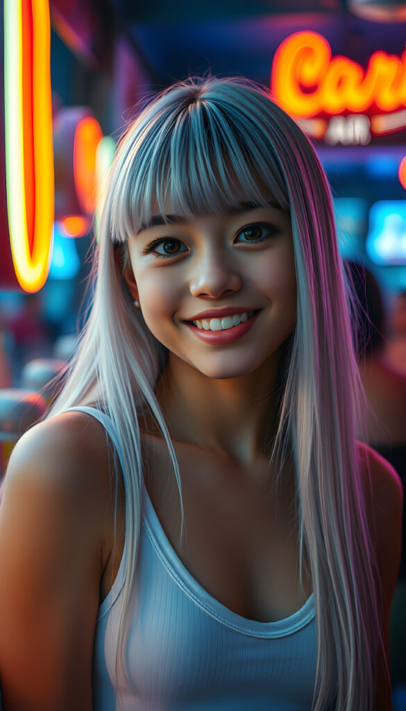 A radiant, whimsical scene featuring a cheerful teenage girl with charming bangs and an elegant silhouette. Her ultra-realistic face, adorned with sparkling amber eyes and a gentle smile, reveals her white teeth. Her long, straight, open soft white hair cascades down gracefully. She wears a crisp white tank top with a deep neckline, enhancing her fresh and youthful appearance. The image is richly saturated, with deep shadows and ultra-high resolution, creating a stunning masterpiece that captures the essence of innocence and beauty. The composition is dynamic, with a playful twist on perspective, showcasing her from a side angle against a vibrant, glowing backdrop in a retro bar