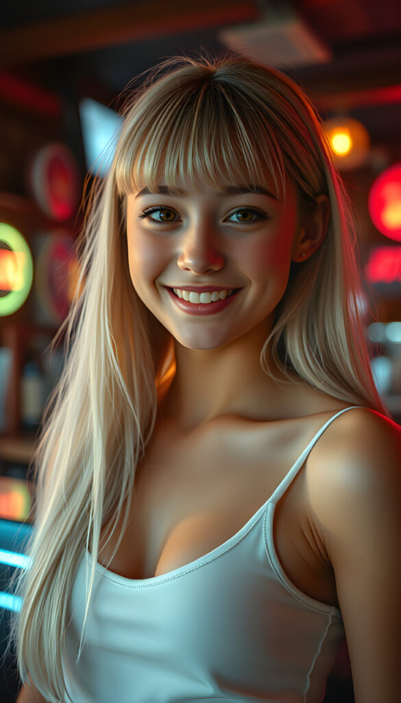 A radiant, whimsical scene featuring a cheerful teenage girl with charming bangs and an elegant silhouette. Her ultra-realistic face, adorned with sparkling amber eyes and a gentle smile, reveals her white teeth. Her long, straight, open soft white hair cascades down gracefully. She wears a crisp white tank top with a deep neckline, enhancing her fresh and youthful appearance. The image is richly saturated, with deep shadows and ultra-high resolution, creating a stunning masterpiece that captures the essence of innocence and beauty. The composition is dynamic, with a playful twist on perspective, showcasing her from a side angle against a vibrant, glowing backdrop in a retro bar