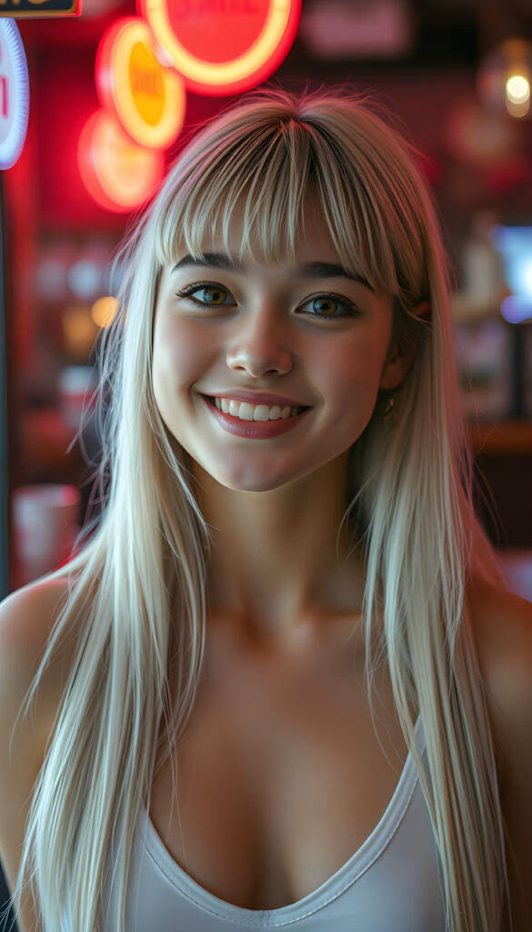 A radiant, whimsical scene featuring a cheerful teenage girl with charming bangs and an elegant silhouette. Her ultra-realistic face, adorned with sparkling amber eyes and a gentle smile, reveals her white teeth. Her long, straight, open soft white hair cascades down gracefully. She wears a crisp white tank top with a deep neckline, enhancing her fresh and youthful appearance. The image is richly saturated, with deep shadows and ultra-high resolution, creating a stunning masterpiece that captures the essence of innocence and beauty. The composition is dynamic, with a playful twist on perspective, showcasing her from a side angle against a vibrant, glowing backdrop in a retro bar