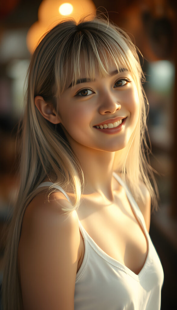 A radiant, whimsical scene featuring a cheerful teenage girl with charming bangs and an elegant silhouette. Her ultra-realistic face, adorned with sparkling amber eyes and a gentle smile, reveals her white teeth. Her long, straight, open soft white hair cascades down gracefully. She wears a crisp white tank top with a deep neckline, enhancing her fresh and youthful appearance. The image is richly saturated, with deep shadows and ultra-high resolution, creating a stunning masterpiece that captures the essence of innocence and beauty. The composition is dynamic, with a playful twist on perspective, showcasing her from a side angle against a vibrant, glowing backdrop.