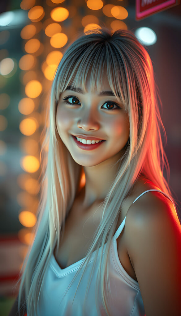 A radiant, whimsical scene featuring a cheerful teenage girl with charming bangs and an elegant silhouette. Her ultra-realistic face, adorned with sparkling amber eyes and a gentle smile, reveals her white teeth. Her long, straight, open soft white hair cascades down gracefully. She wears a crisp white tank top with a deep neckline, enhancing her fresh and youthful appearance. The image is richly saturated, with deep shadows and ultra-high resolution, creating a stunning masterpiece that captures the essence of innocence and beauty. The composition is dynamic, with a playful twist on perspective, showcasing her from a side angle against a vibrant, glowing backdrop.