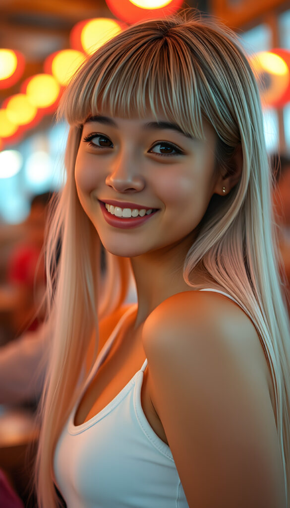 A radiant, whimsical scene featuring a cheerful teenage girl with charming bangs and an elegant silhouette. Her ultra-realistic face, adorned with sparkling amber eyes and a gentle smile, reveals her white teeth. Her long, straight, open soft white hair cascades down gracefully. She wears a crisp white tank top with a deep neckline, enhancing her fresh and youthful appearance. The image is richly saturated, with deep shadows and ultra-high resolution, creating a stunning masterpiece that captures the essence of innocence and beauty. The composition is dynamic, with a playful twist on perspective, showcasing her from a side angle against a vibrant, glowing backdrop.