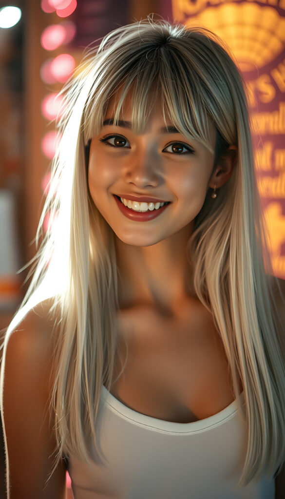 A radiant, whimsical scene featuring a cheerful teenage girl with charming bangs and an elegant silhouette. Her ultra-realistic face, adorned with sparkling amber eyes and a gentle smile, reveals her white teeth. Her long, straight, open soft white hair cascades down gracefully. She wears a crisp white tank top with a deep neckline, enhancing her fresh and youthful appearance. The image is richly saturated, with deep shadows and ultra-high resolution, creating a stunning masterpiece that captures the essence of innocence and beauty. The composition is dynamic, with a playful twist on perspective, showcasing her from a side angle against a vibrant, glowing backdrop.
