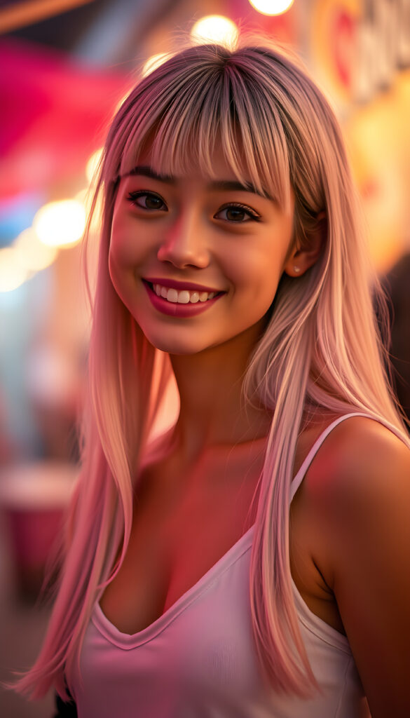 A radiant, whimsical scene featuring a cheerful teenage girl with charming bangs and an elegant silhouette. Her ultra-realistic face, adorned with sparkling amber eyes and a gentle smile, reveals her white teeth. Her long, straight, open soft white hair cascades down gracefully. She wears a crisp white tank top with a deep neckline, enhancing her fresh and youthful appearance. The image is richly saturated, with deep shadows and ultra-high resolution, creating a stunning masterpiece that captures the essence of innocence and beauty. The composition is dynamic, with a playful twist on perspective, showcasing her from a side angle against a vibrant, glowing backdrop in a retro bar