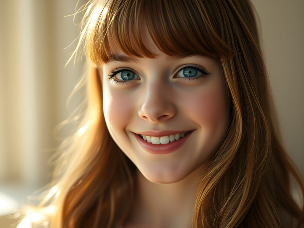 A radiant young teenage girl with a flawless, flawless silver complexion, her deep blue eyes shimmering with reflections of light, set against a soft, ethereal background. Her full, red lips are slightly parted, revealing a dazzling smile with white teeth. Her hair is a rich, reddish-brown, flowing in gentle waves and bangs that frame her face perfectly. The scene is bathed in a warm, golden light, highlighting her youthful beauty and creating a sense of serene elegance.
