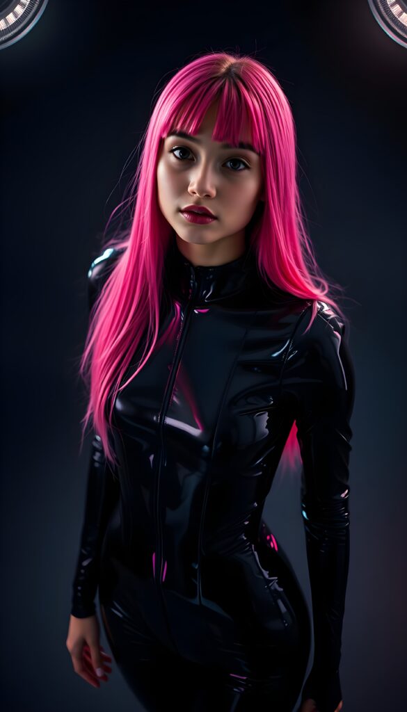 A radiant young girl stands confidently, her hair is straight long and in neon pink and has the same length left and right. She is dressed in a shimmering black latex catsuit, its glossy surface reflecting the room's vibrant, high-quality light. Her pose is in a silent conversation. The backdrop is a deep, rich black, enhancing her luminous presence. The lighting is perfect, casting dramatic shadows that add depth and dimension to the scene, creating a visually striking and elegant composition. View from above and she looks up to the viewer.