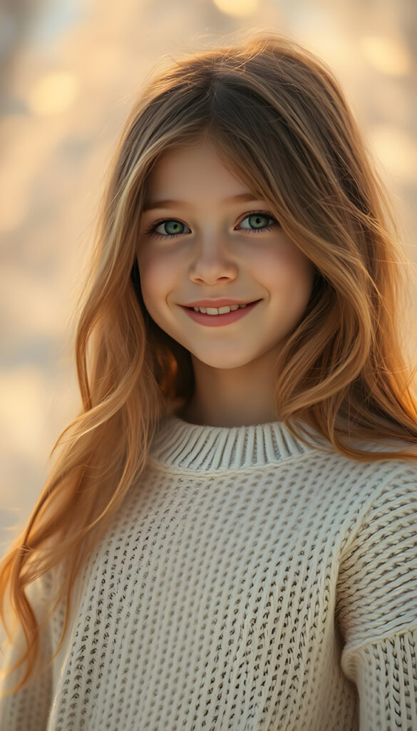 A radiant young girl with soft, long, wavy copper-colored hair cascading down her shoulders, her round face illuminated by a warm, golden light. Her detailed green eyes sparkle with joy, complementing her full, plump lips slightly parted in a cheerful expression. Her white wool sweater is finely knitted, adding a cozy elegance to her appearance. The background is a dreamy bokeh of soft pastel hues, creating a serene and enchanting atmosphere. The composition emphasizes her upper body, capturing her grace and happiness with a shallow depth of field, making her the focal point of the image.