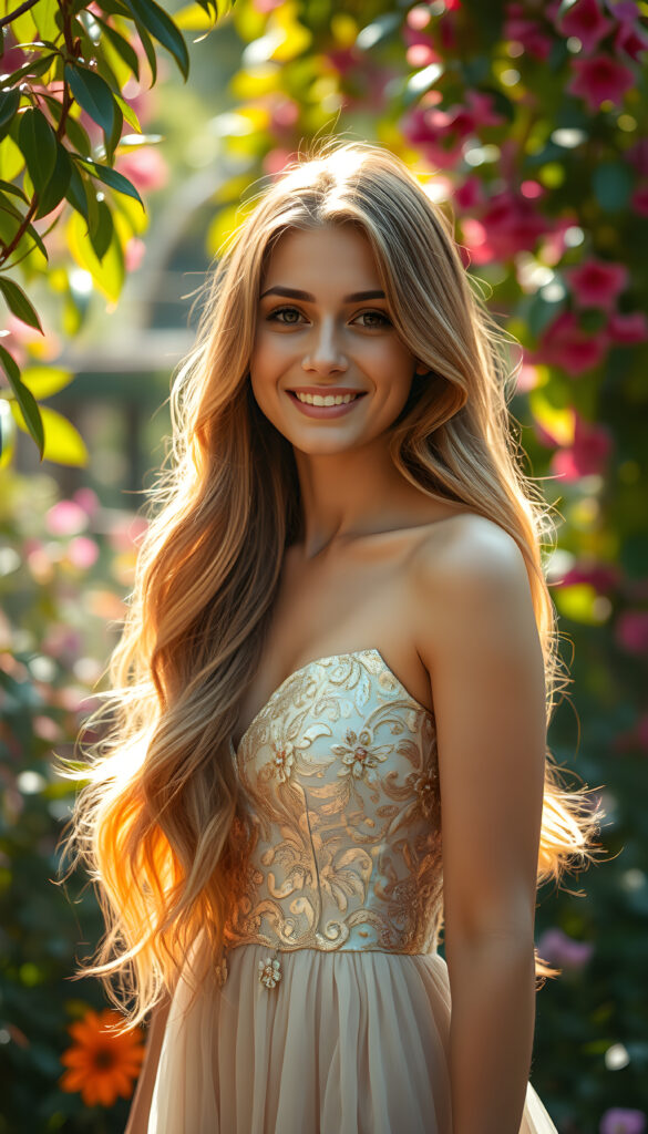 A radiant young woman stands gracefully in an enchanted garden, her lustrous, silky, and wavy hair cascading down her shoulders like golden threads, her serene smile radiating warmth and tranquility, her eyes sparkling like stars. Her flowing hair is illuminated by the soft, ethereal sunlight filtering through the colorful, lush foliage, creating a mesmerizing, vibrant contrast of hues. Her shimmering dress, adorned with intricate floral patterns, blends seamlessly with the vibrant garden, making her appear as if she is part of a magical painting. The scene is bathed in soft, warm light, casting a dreamy glow over the entire composition, with butterflies and a few gentle rays of sunlight peeking through the leaves.
