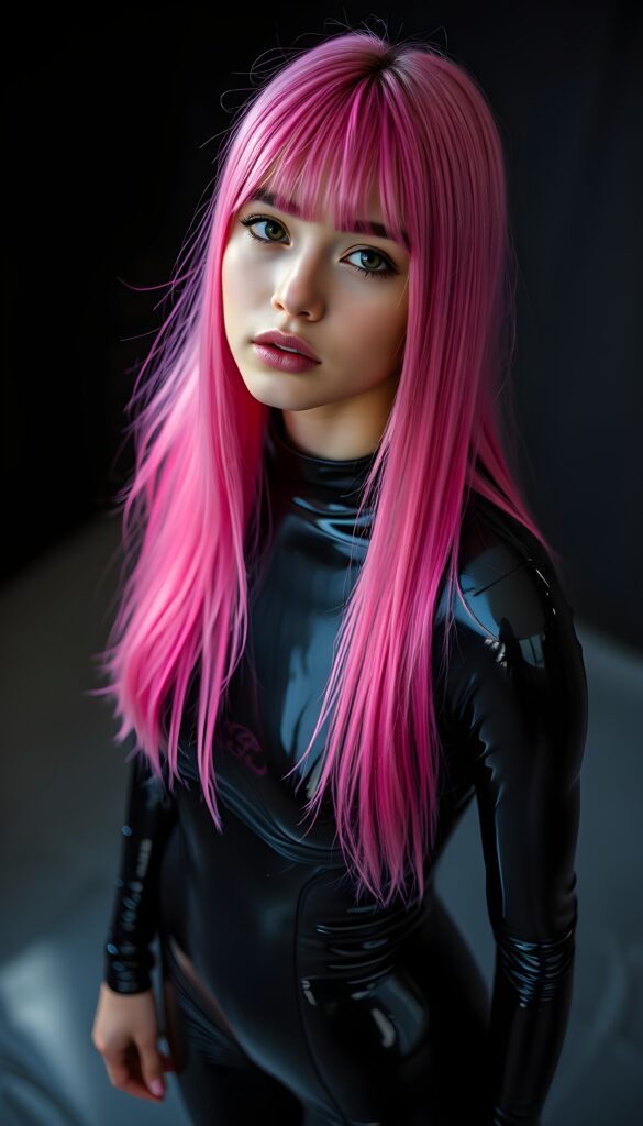 A radiant young girl stands confidently, her hair is straight long and in neon pink and has the same length left and right. She is dressed in a shimmering black latex catsuit, its glossy surface reflecting the room's vibrant, high-quality light. Her pose is in a silent conversation. The backdrop is a deep, rich black, enhancing her luminous presence. The lighting is perfect, casting dramatic shadows that add depth and dimension to the scene, creating a visually striking and elegant composition. View from above and she looks up to the viewer.