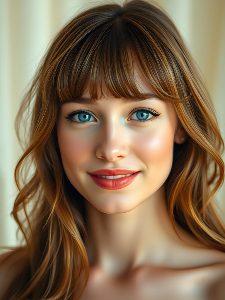 A radiant young woman with a flawless, flawless silver complexion, her deep blue eyes shimmering with reflections of light, set against a soft, ethereal background. Her full, red lips are slightly parted, revealing a dazzling smile with white teeth. Her hair is a rich, reddish-brown, flowing in gentle waves and bangs that frame her face perfectly. The scene is bathed in a warm, golden light, highlighting her youthful beauty and creating a sense of serene elegance.