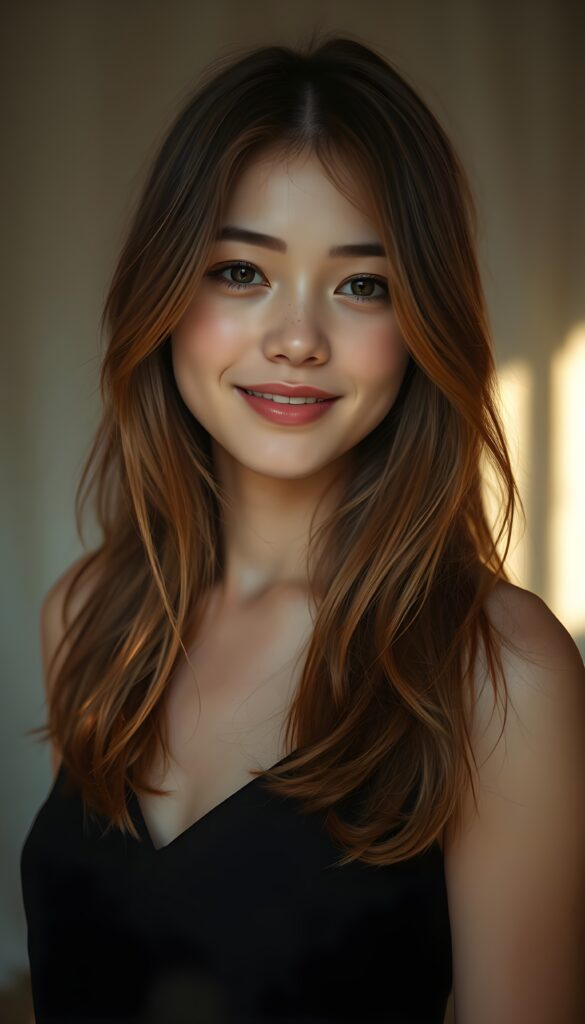 A radiant young woman with a radiant, natural complexion and playful freckles, framed by her soft, straight, orange-brown hair that cascades in gentle waves. Her full lips are slightly parted, revealing a warm, welcoming smile. She's adorned in a simple yet elegant black dress that accentuates her youthful charm, set against a backdrop of soft, ethereal white light that creates a serene and dreamy atmosphere. The scene is bathed in a warm, golden glow, casting a halo-like effect around her, highlighting her serene and innocent beauty.