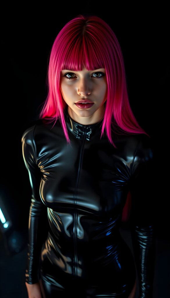 A radiant young girl stands confidently, her hair is straight long and in neon pink and has the same length left and right. She is dressed in a shimmering black latex catsuit, its glossy surface reflecting the room's vibrant, high-quality light. Her pose is in a silent conversation. The backdrop is a deep, rich black, enhancing her luminous presence. The lighting is perfect, casting dramatic shadows that add depth and dimension to the scene, creating a visually striking and elegant composition. View from above and she looks up to the viewer.