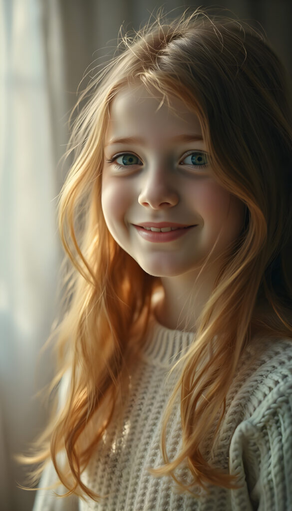 A radiant young girl with soft, long, wavy copper-colored hair cascading down her shoulders, her round face illuminated by a warm, golden light. Her detailed green eyes sparkle with joy, complementing her full, plump lips slightly parted in a cheerful expression. Her white wool sweater is finely knitted, adding a cozy elegance to her appearance. The background is a dreamy bokeh of soft pastel hues, creating a serene and enchanting atmosphere. The composition emphasizes her upper body, capturing her grace and happiness with a shallow depth of field, making her the focal point of the image.