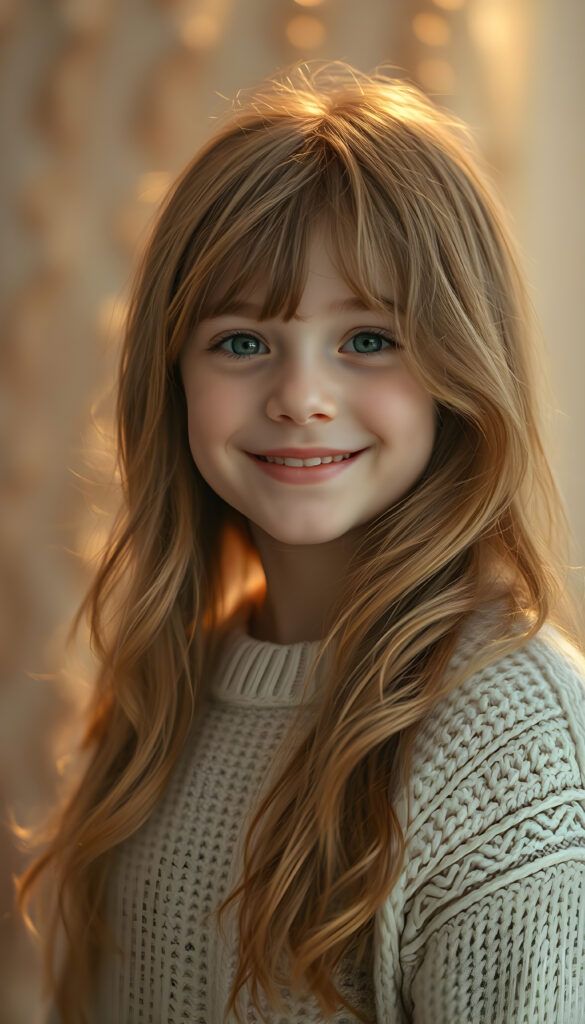 A radiant young girl with soft, long, wavy copper-colored hair cascading down her shoulders, her round face illuminated by a warm, golden light. Her detailed green eyes sparkle with joy, complementing her full, plump lips slightly parted in a cheerful expression. Her white wool sweater is finely knitted, adding a cozy elegance to her appearance. The background is a dreamy bokeh of soft pastel hues, creating a serene and enchanting atmosphere. The composition emphasizes her upper body, capturing her grace and happiness with a shallow depth of field, making her the focal point of the image.