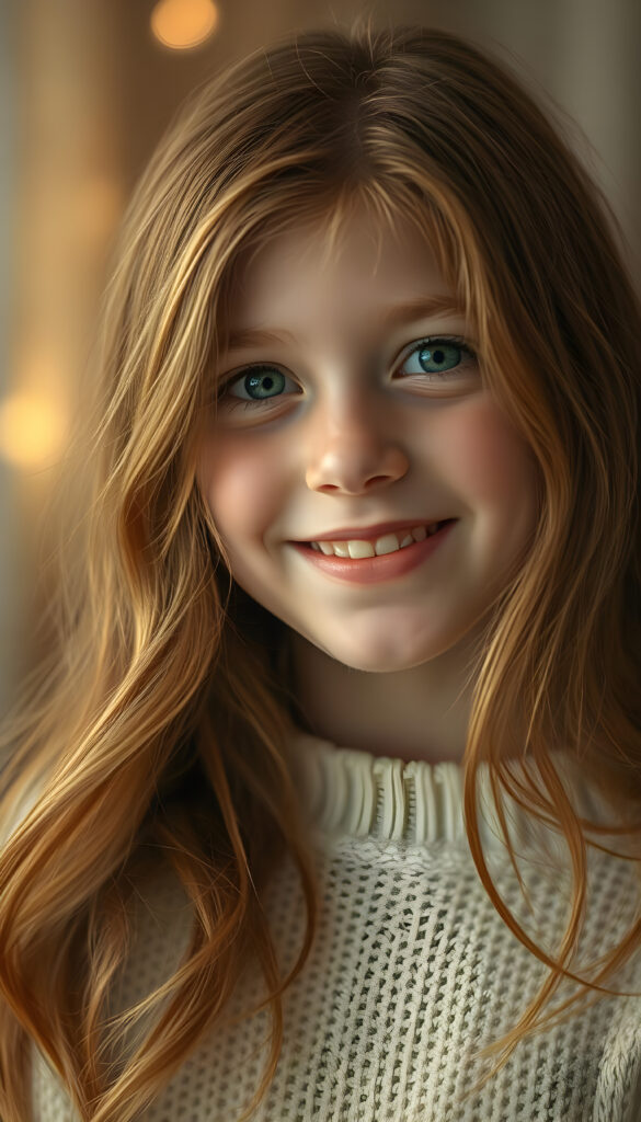 A radiant young girl with soft, long, wavy copper-colored hair cascading down her shoulders, her round face illuminated by a warm, golden light. Her detailed green eyes sparkle with joy, complementing her full, plump lips slightly parted in a cheerful expression. Her white wool sweater is finely knitted, adding a cozy elegance to her appearance. The background is a dreamy bokeh of soft pastel hues, creating a serene and enchanting atmosphere. The composition emphasizes her upper body, capturing her grace and happiness with a shallow depth of field, making her the focal point of the image.
