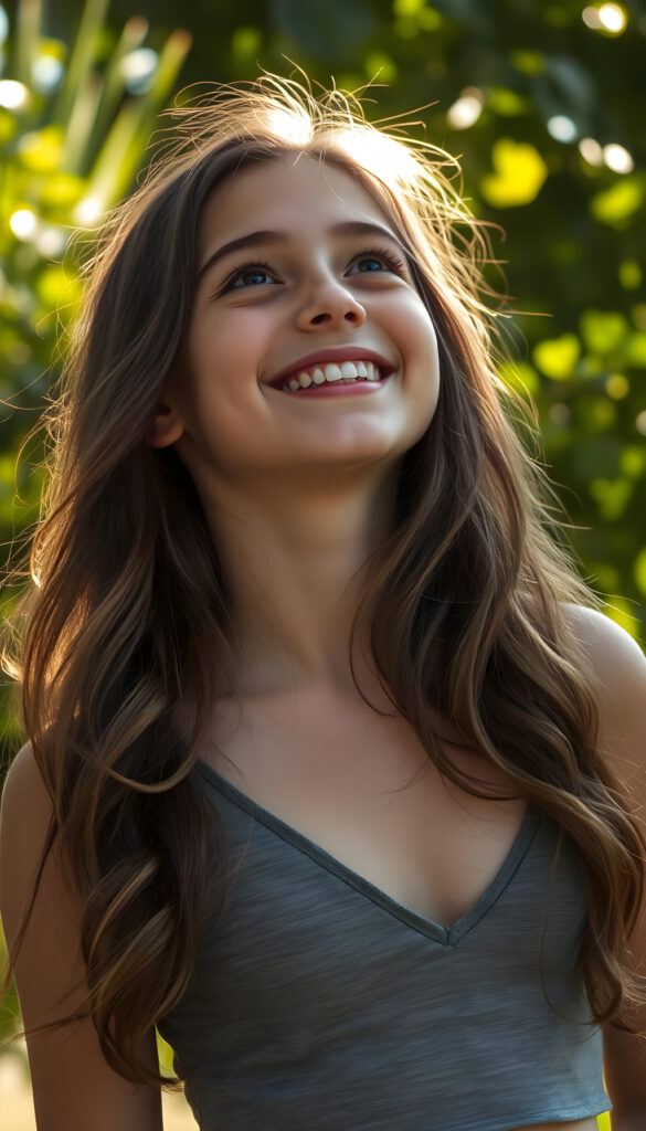 A radiant young girl in her teens, exuding charm and warmth, gazes upward with a dazzling smile. She is dressed in a stylish, cropped grey tank top with a deep V-neck, showcasing her delicate collarbone and shoulder. Her long, wavy brown hair cascades down her back in soft, flowing strands. The scene is bathed in soft, golden sunlight filtering through lush green foliage, creating a serene and enchanting atmosphere. Her expression is one of pure joy and innocence, capturing a moment of pure happiness and connection with the world around her.