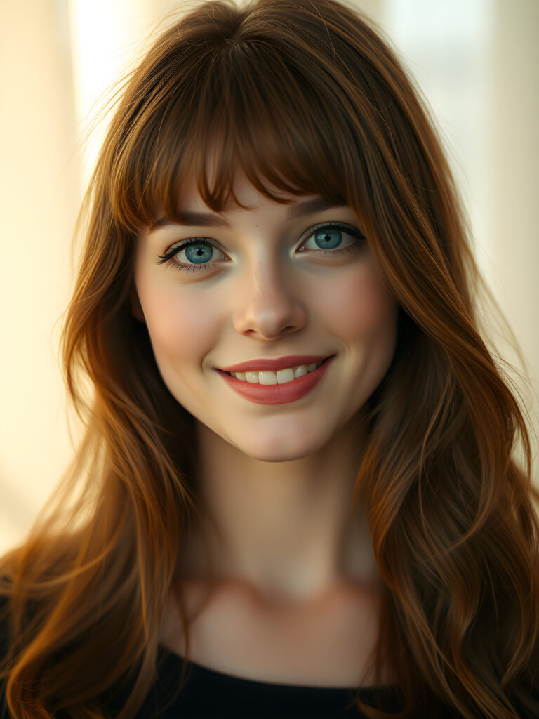 A radiant young woman with a flawless, flawless silver complexion, her deep blue eyes shimmering with reflections of light, set against a soft, ethereal background. Her full, red lips are slightly parted, revealing a dazzling smile with white teeth. Her hair is a rich, reddish-brown, flowing in gentle waves and bangs that frame her face perfectly. The scene is bathed in a warm, golden light, highlighting her youthful beauty and creating a sense of serene elegance.