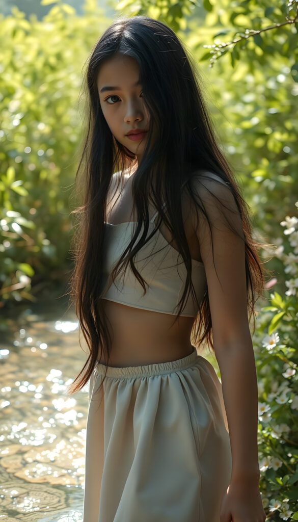 A radiant young girl with long, flowing black wavy hair stands gracefully in the front of a crystalline natural spring, her face shyly directed towards the camera. She wears a delicate, sleek crop top paired with a playful, round mini skirt that flares out as she twirls. The scene is bathed in soft, warm sunlight filtering through lush, vibrant green foliage, casting dappled shadows on the water's surface. The spring glistens with sparkling reflections, surrounded by blooming wildflowers in a range of soft pastel colors.