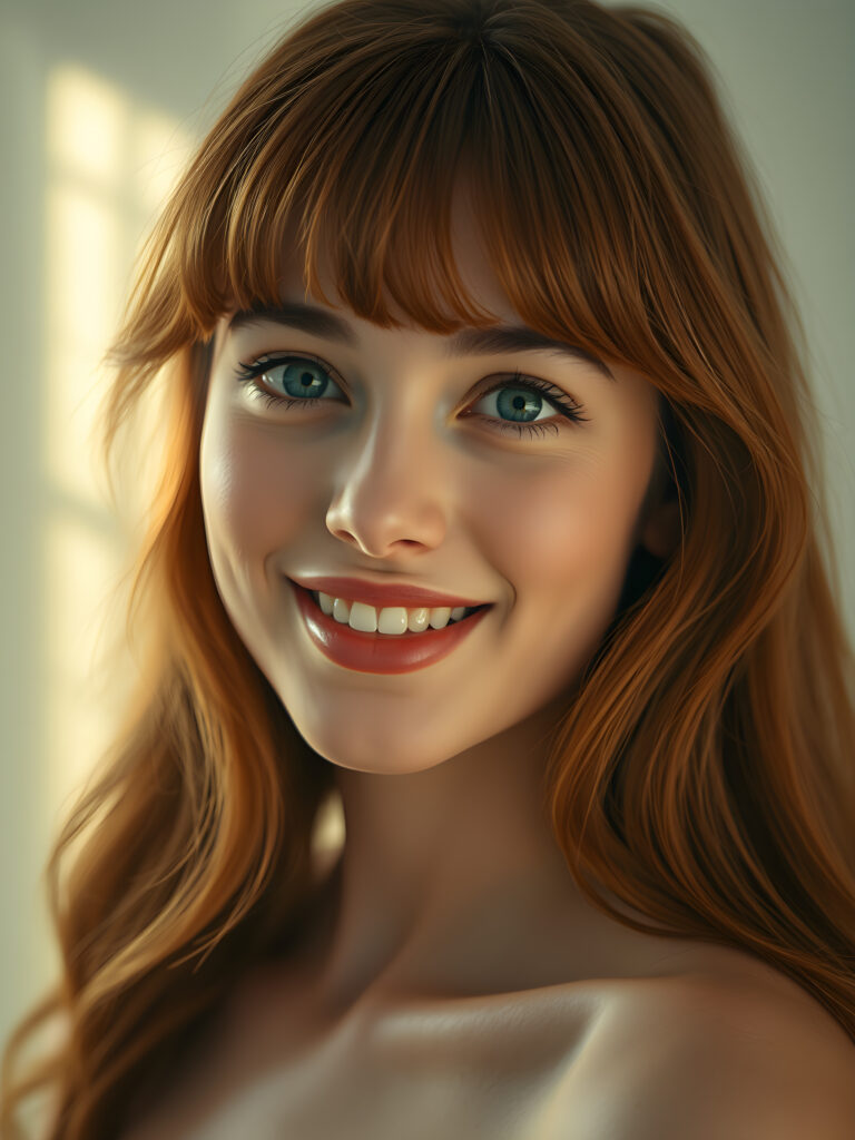 A radiant young woman with a flawless, flawless silver complexion, her deep blue eyes shimmering with reflections of light, set against a soft, ethereal background. Her full, red lips are slightly parted, revealing a dazzling smile with white teeth. Her hair is a rich, reddish-brown, flowing in gentle waves and bangs that frame her face perfectly. The scene is bathed in a warm, golden light, highlighting her youthful beauty and creating a sense of serene elegance.