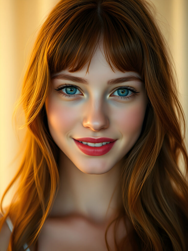 A radiant young woman with a flawless, flawless silver complexion, her deep blue eyes shimmering with reflections of light, set against a soft, ethereal background. Her full, red lips are slightly parted, revealing a dazzling smile with white teeth. Her hair is a rich, reddish-brown, flowing in gentle waves and bangs that frame her face perfectly. The scene is bathed in a warm, golden light, highlighting her youthful beauty and creating a sense of serene elegance.