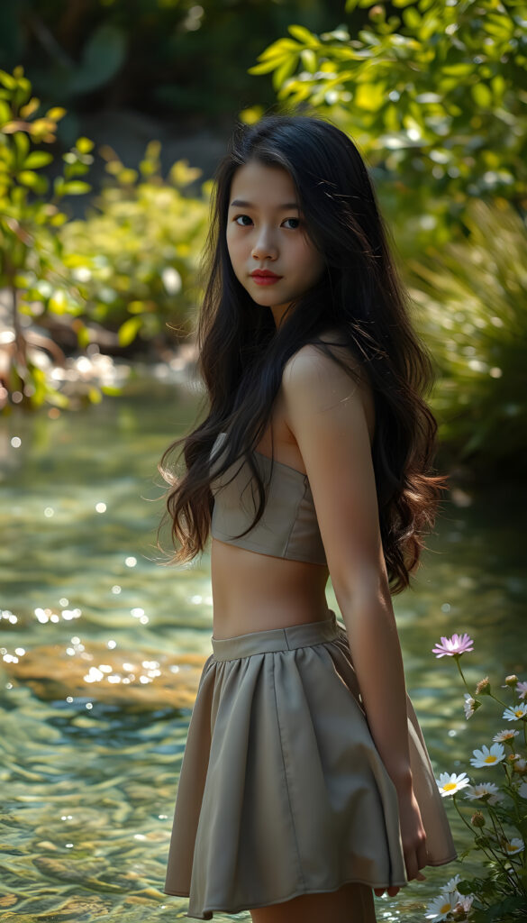 A radiant young girl with long, flowing black wavy hair stands gracefully in the front of a crystalline natural spring, her face shyly directed towards the camera. She wears a delicate, sleek crop top paired with a playful, round mini skirt that flares out as she twirls. The scene is bathed in soft, warm sunlight filtering through lush, vibrant green foliage, casting dappled shadows on the water's surface. The spring glistens with sparkling reflections, surrounded by blooming wildflowers in a range of soft pastel colors.
