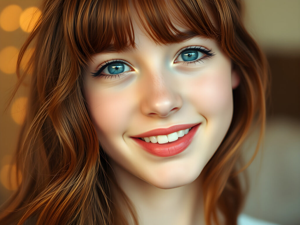 A radiant young teenage girl with a flawless, flawless silver complexion, her deep blue eyes shimmering with reflections of light, set against a soft, ethereal background. Her full, red lips are slightly parted, revealing a dazzling smile with white teeth. Her hair is a rich, reddish-brown, flowing in gentle waves and bangs that frame her face perfectly. The scene is bathed in a warm, golden light, highlighting her youthful beauty and creating a sense of serene elegance.