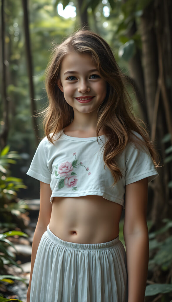 A radiant young adult girl, her hair like flowing waves of golden brown, smiles softly in a colorful pastel cropped t-shirt adorned with delicate floral patterns and a pleated white skirt, you can see her cute little belly button