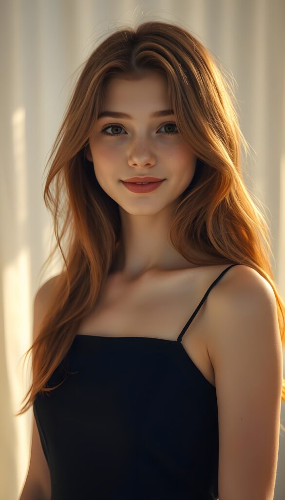 A radiant young woman with a radiant, natural complexion and playful freckles, framed by her soft, straight, orange-brown hair that cascades in gentle waves. Her full lips are slightly parted, revealing a warm, welcoming smile. She's adorned in a simple yet elegant black dress that accentuates her youthful charm, set against a backdrop of soft, ethereal white light that creates a serene and dreamy atmosphere. The scene is bathed in a warm, golden glow, casting a halo-like effect around her, highlighting her serene and innocent beauty.